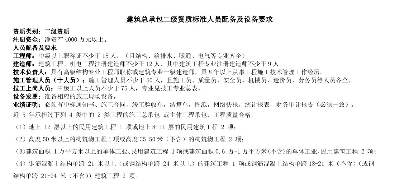 建筑總承包二級資質(zhì)標準人員配備及設備要求